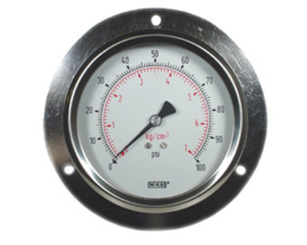 213.53 Series Glycerin Filled Industrial Pressure Gauge, 4" Dial, 0 to 100 psi (kg/cm2), 1/4 NPT Brass Lower Back Mount, Front Flange Panel Mount