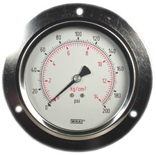 213.53 Series Glycerin Filled Industrial Pressure Gauge, 4" Dial, 0 to 200 psi (kg/cm2), 1/4 NPT Brass Lower Back Mount, Front Flange Panel Mount