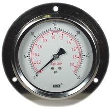 213.53 Series Glycerine/Water Filled Industrial Pressure Gauge, 4" Dial, 0 to 30 psi (kg/cm2), 1/4 NPT Brass Lower Back Mount, Front Flange