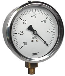 213.53 Series Glycerin/Water Filled Industrial Pressure Gauge, 4" Dial, -30 inHg to 0 psi, 1/4 NPT Brass Lower Mount