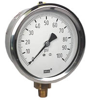 213.53 Series Glycerin Filled Industrial Pressure Gauge, 4" Dial, 0 to 100 psi, 1/4 NPT Brass Lower Mount