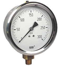 213.53 Series Industrial Brass Liquid Filled Pressure Gauge, 4" Dial, 0 to 300 PSI, 1/4" NPT Lower Mount
