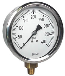 213.53 Series Glycerin Filled Industrial Pressure Gauge, 4" Dial, 0 to 400 psi, 1/4 NPT Brass Lower Mount