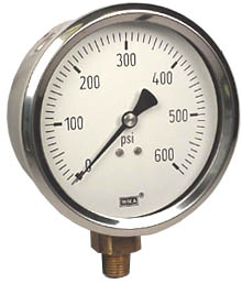 213.53 Series Industrial Brass Liquid Filled Pressure Gauge, 4" Dial, 0 to 600 PSI, 1/4" NPT Lower Mount