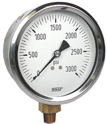 213.53 Series Glycerin Filled Industrial Pressure Gauge, 4" Dial, 0 to 3000 psi, 1/4 NPT Brass Lower Mount