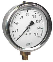 213.53 Series Industrial Brass Liquid Filled Pressure Gauge, 4" Dial, 0 to 160 PSI, 1/4" NPT Lower Connection