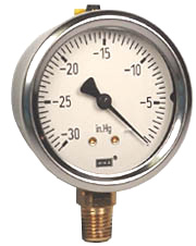 213.53 Series Industrial Brass Liquid Filled Pressure Gauge, -30 inHg to 0 psi