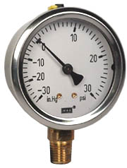 213.53 Series Industrial Brass Liquid Filled Pressure Gauge, -30 inHg to 30 psi
