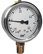 213.53 Series Industrial Brass Liquid Filled Pressure Gauge, -30 inHg to 60 psi