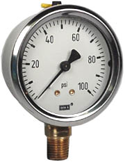 213.53 Series Industrial Brass Liquid Filled Pressure Gauge, 2.5" Dial, 0 to 100 PSI, 1/4" NPT Lower Mount