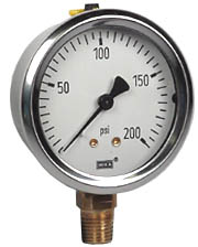 213.53 Series Industrial Brass Liquid Filled Pressure Gauge, 2.5" Dial, 0 to 200 PSI, 1/4" NPT Lower Mount