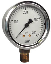 213.53 Series Industrial Brass Liquid Filled Pressure Gauge, 2.5" Dial, 0 to 400 PSI, 1/4" NPT Lower Mount