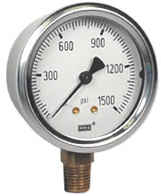 213.53 Series Industrial Brass Liquid Filled Pressure Gauge, 2.5" Dial, 0 to 1500 PSI, 1/4" NPT Lower Mount