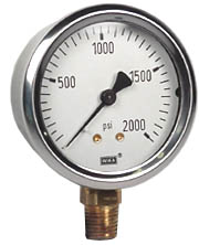 213.53 Series Industrial Brass Liquid Filled Pressure Gauge, 2.5" Dial, 0 to 2000 PSI, 1/4" NPT Lower Mount