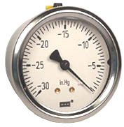 213.53 Series Industrial Brass Liquid Filled Pressure Gauge, 2.5" Dial, -30 inHg to 0 psi, 1/4" NPT Center Back Mount