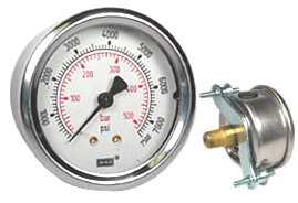 212.53 Series Liquid Filled Pressure Gauge, 2.5" Dial, 0 ot 7500 psi (bar), 1/4 NPT Brass Back Mount, U-Clamp Panel Mount