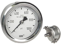 Wika 233.53 All Stainless Steel Liquid Filled Pressure Gauge, 2.5" Dial, 1000 PSI, 1/4" NPT Center Back Mount w/ SS Panel Mount Clamp