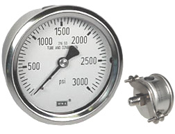 233.53 Series Glycerin Filled Pressure Gauge, 2.5" Dial, 0 to 3000 PSI, 1/4" NPT SS Center Back Mount w/ SS U-Clamp