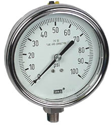 232.54 Series Stainless Steel Dry Case Pressure Gauge, 4" Dial, 0 to 100 PSI, 1/4" NPT Lower Mount