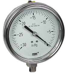 WIKA Stainless Steel Vacuum Gauge 4", 30" Hg, Liquid Filled