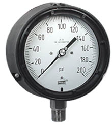 233.34 Series Liquid Filled Process Gauge, 4.5" Dial, 0 to 200 PSI, 1/2" NPT SS Lower Mount