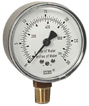 611.10 Series Dry Capsule Pressure Gauge, 2.5" Dial, 0 to 30 in (mm.WC), 1/4 NPT Brass Lower Mount