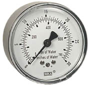 611.10 Series Dry Capsule Pressure Gauge, 2.5" Dial, 0 to 30 in (mm.WC), 1/4 NPT Brass Center Back Mount