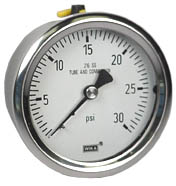 WIKA Stainless Pressure Gauge 2.5", 30 PSI, Liquid Filled