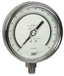 332.54 Series Dry Precision Test Pressure Gauge, 4" Dial, 0 to 300 psi, 1/4 NPT SS Lower Mount