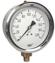 212.53 Series Industrial Brass Dry Pressure Gauge, 4" Dial, 0 to 200 PSI, 1/4" NPT Lower Mount