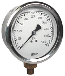 212.53 Series Industrial Brass Dry Pressure Gauge, 0 to 5000 psi