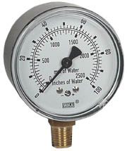 611.10 Series Dry Capsule Pressure Gauge, 2.5" Dial, 0 to 100 in (mm.WC), 1/4 NPT Brass Lower Mount