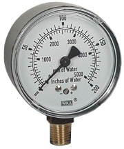 611.10 Series Dry Capsule Pressure Gauge, 2.5" Dial, 0 to 200 in (mm.WC), 1/4 NPT Brass Lower Mount