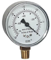 611.10 Series Dry Capsule Pressure Gauge, 2.5" Dial, -30 to 0 in (mm.WC), 1/4 NPT Brass Lower Mount