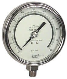 332.54 Series Liquid Filled Precision Test Pressure Gauge, 4" Dial, 0 to 1000 psi, 1/4 NPT SS Lower Mount