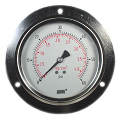 213.53 Series Glycerin Filled Industrial Pressure Gauge, 4" Dial, 0 to 60 psi (kg/cm2), 1/4 NPT Brass Lower Back Mount, Front Flange Panel Mount