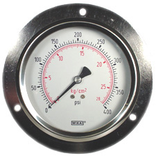 213.53 Series Glycerin Filled Industrial Pressure Gauge, 4" Dial, 0 to 400 psi (kg/cm2), 1/4 NPT Brass Lower Back Mount, Front Flange Panel Mount