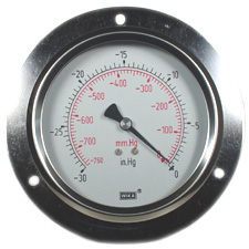 213.53 Series 4" Brass Industrial Pressure Gauge, -30 inHg/0 psi, 2nd Scale mmHg, 1/4 NPT LBPM, Liquid Filled