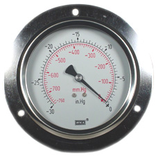 212.53 Series Ready to Fill Pressure Gauge, 4" Dial, -30 inHg to 0 psi (mmHg), 1/4 NPT Brass, Lower Back Mount, Front Flange