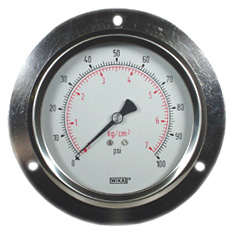 212.53 Series Ready to Fill Industrial Pressure Gauge, 4" Dial, 0 to 100 psi (kg/cm2), 1/4 NPT Brass, Front Flange Panel Mount