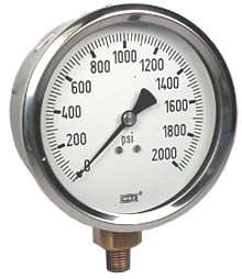 213.53 Series 4" SS Pressure Gauge, 0 to 2000 psi, 1/4 NPT, LM, Crimped Ring, Glycerin Filled