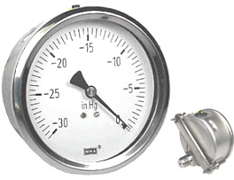 232.53 Series Read to Fill Pressure Gauge, 4" Dial, -30 in/Hg to 0 psi, 1/2 NPT SS Lower Back Mount, U-Clamp Panel Mount