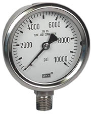 WIKA Stainless Pressure Gauge 2.5", 10,000 PSI, Liquid Filled