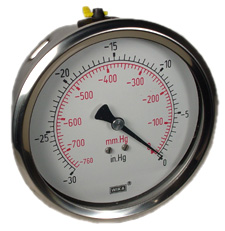 213.53 Series Glycerin/Water Filled Industrial Pressure Gauge, 4" Dial, -30 inHg to 0 psi (mmHg), 1/4 NPT Brass Lower Back Mount