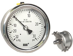 233.53 Series Glycerin Filled Pressure Gauge, 2.5" Dial, -30 inHg to 30 psi, 1/4 NPT SS Center Back Mount, U-Clamp Panel Mount