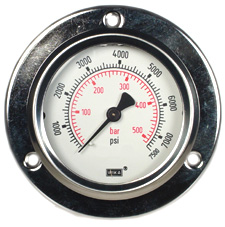 232.53 Series Ready to Fill Pressure Gauge, 2.5" Dial, 0 to 7500 psi (bar), 1/4 NPT Brass Back Mount, Front Flange