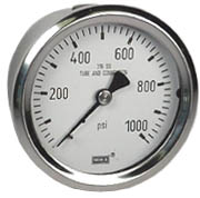 233.54 Series Stainless Steel Liquid Filled Pressure Gauge, 2.5" Dial, 1000 PSI/Bar, 1/4" NPT Center Back Mount w/ 0.6mm SS Restrictor, SS Front Flange