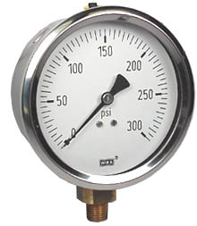 213.53 Series Glycerin/Water Filled Industrial Pressure Gauge, 4" Dial, -30 inHg to 300 psi, 1/4 NPT Brass Lower Mount, Rear Flange, External Drag Pointer