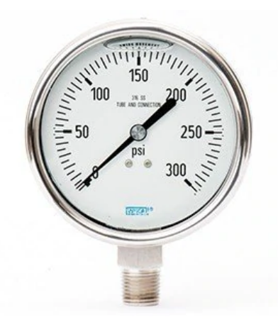 233.53 Series Stainless Steel Liquid (Glycerin Water Mix) Filled Pressure Gauge, 2.5" Dial, 0 to 60 PSI, 1/4" NPT Lower Connection, Flex Window