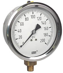 [9699134] 213.53 Series Industrial Brass Liquid Filled Pressure Gauge, 4" Dial, 0 to 200 PSI, 1/4" NPT Bottom Connection